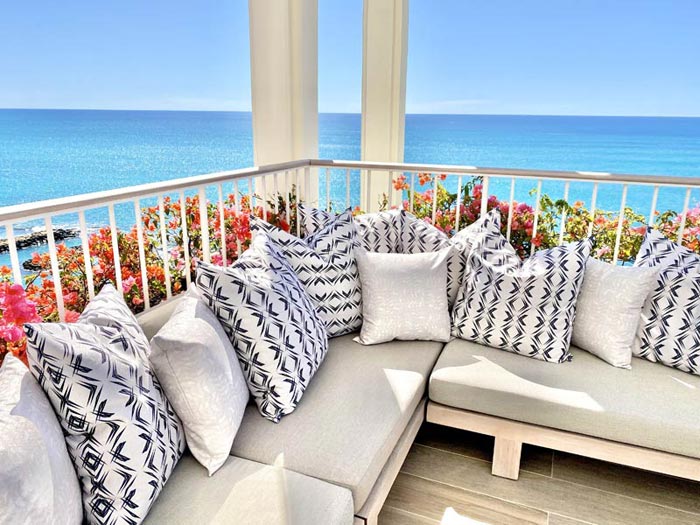 Gorgeous Contract Hawaiian Design Pillows Aligned On a Penthouse Balcony At the Four Seasons Resort at Ko Olina