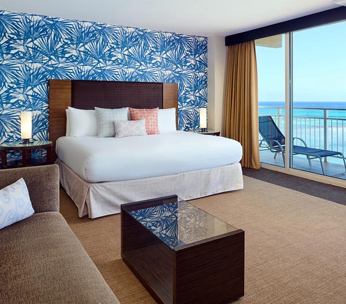 Colorful Contract Hawaiian Design Wallcovering Bedding and Pillows At the Kaimana Beach Hotel