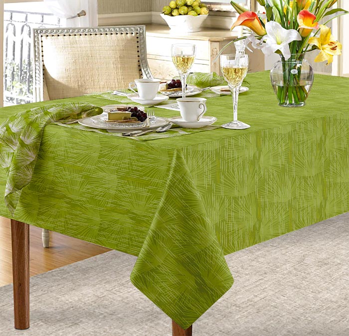 Stunning Green Contract Hawaiian Design Tablecloth Over a Fully Set Dining Table