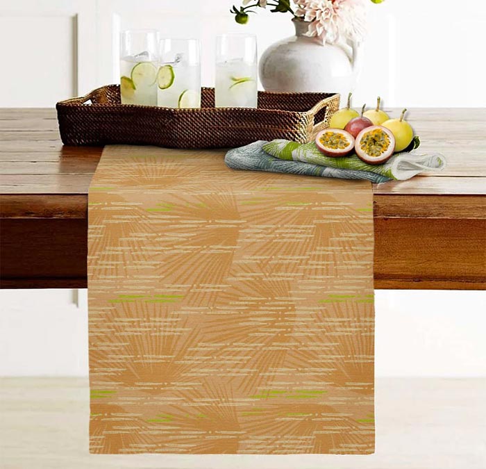 Gold Contract Hawaiian Design Table Runner Place Horizontally On a Wood Table